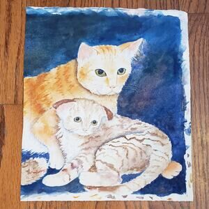Original Watercolor Cat Kitten Feline M Bevarly Cotton Paper‎ Unframed 10.5 x 9"